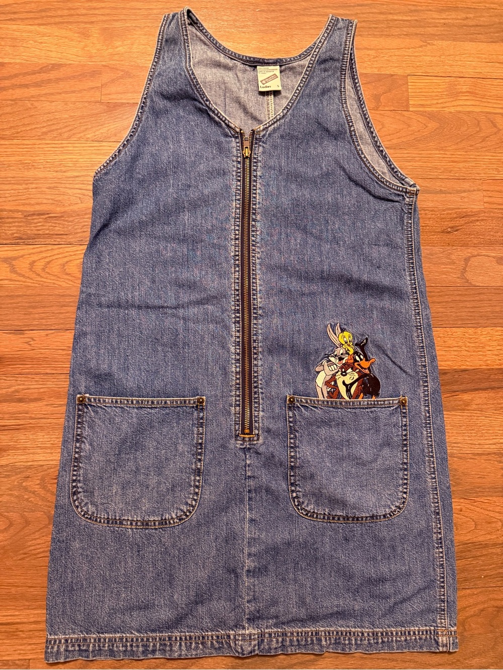 Vintage Denim Zipper Front Jumper Dress with Looney Tunes Characters